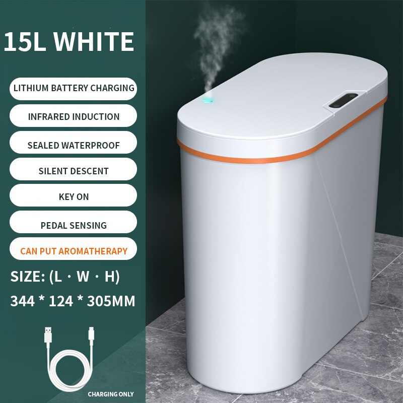 15L Aromatherapie Smart Prullenbak Automatische Inductie Smart Prullenbak Oplaadbare Keuken Badkamer Waterdicht Smalle Afvalbakken: white Aromatherapy