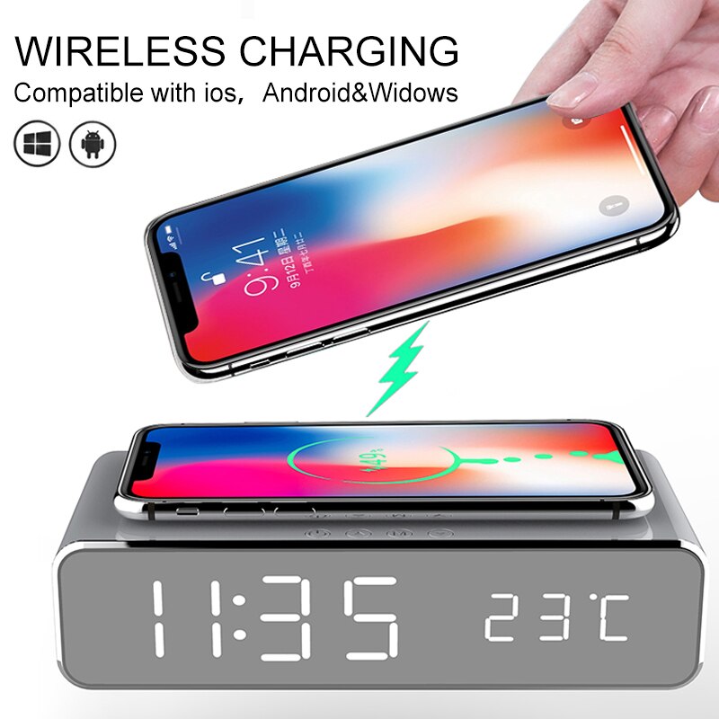 Electric LED Alarm Clock With Mobile Phone Wireless Charger HD Clock Mirror With Time Memory Digital Thermometer Clock