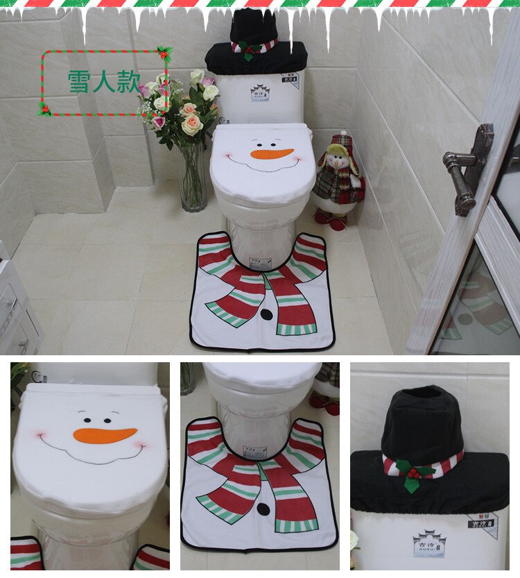 Juletoilet dæksel ældre snemand badeværelse tredelt toilet toiletsæde pad vandtæksel papir håndklæde sæt: Snemand