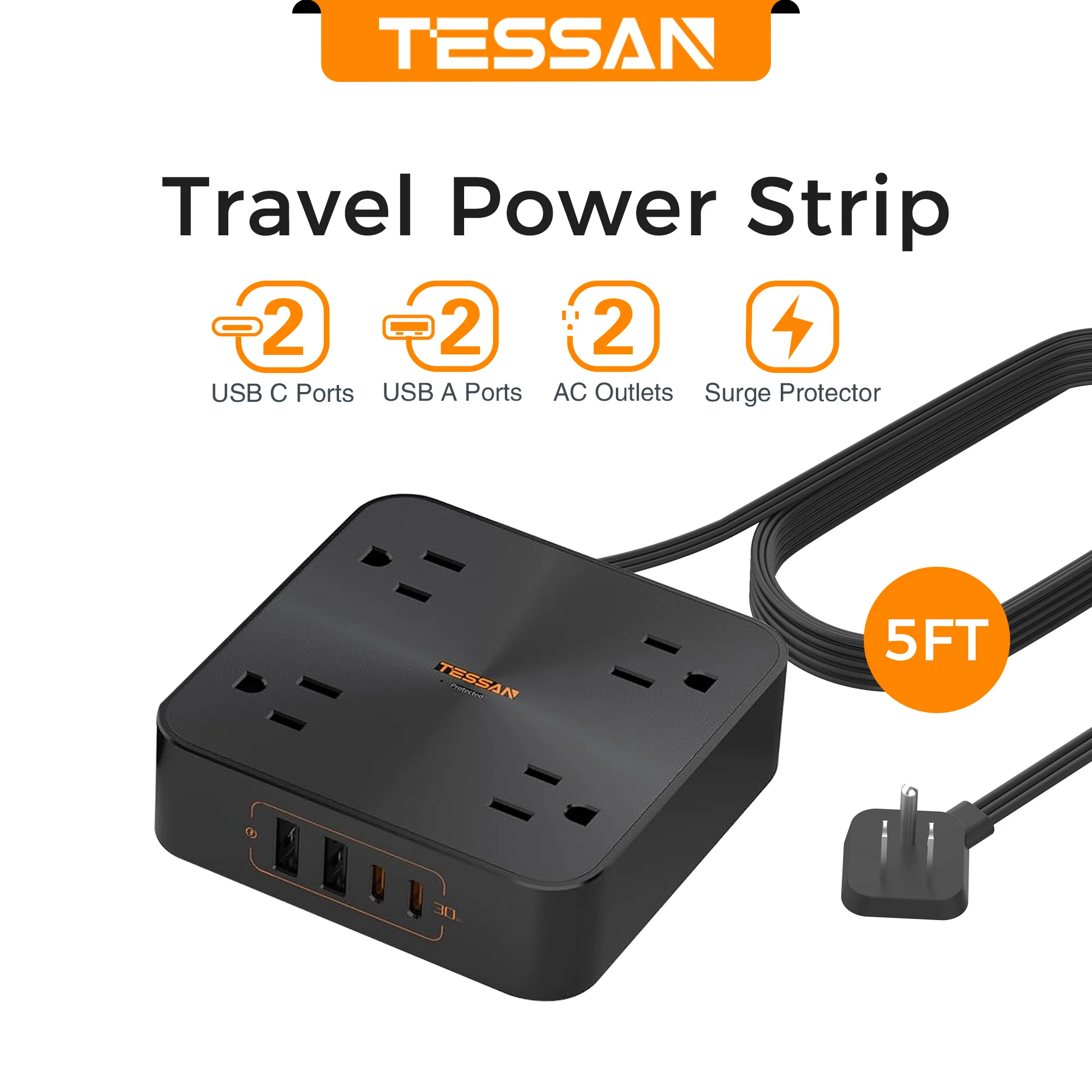 TESSAN Electrical Extension Flat Plug Type C Multi-Plug Strap Multi-Plug Connector with 8 AC Outlets and 3 USB Ports (1 Type C): SKY BLUE