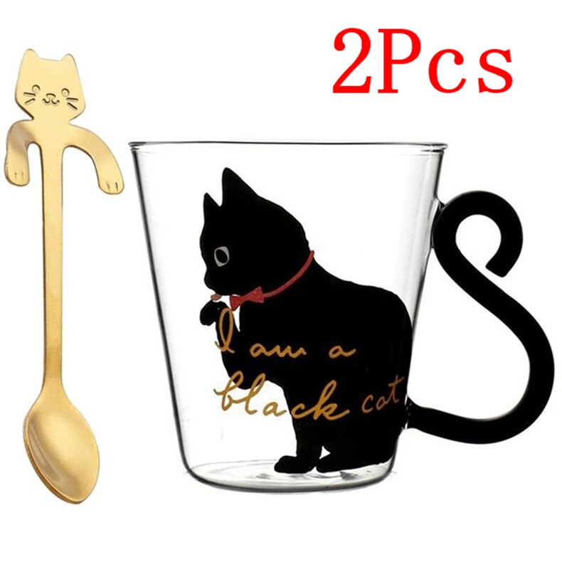 Katze Glas Tasse Mit Löffel transparent Wärme Beständig Kaffee Becher Saft Tee Frühstück Milch Tasse Karikatur Katze Schwanz Griff Getränk: 2Stck Schwarz golden