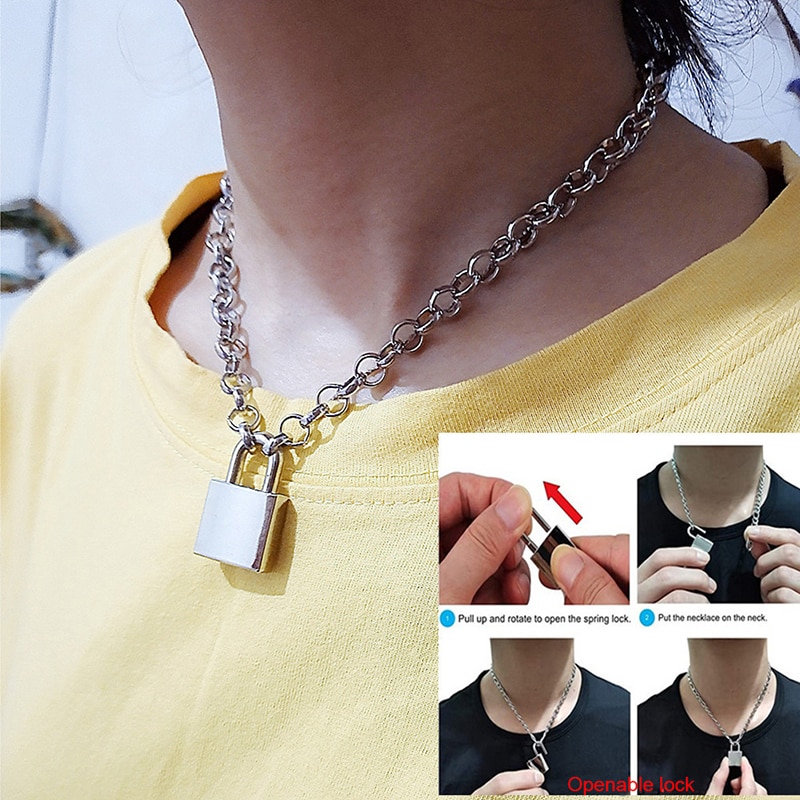 Ketting met slot, grunge punk schakelketting, zilverkleurige hanger met slot, dames, esthetische egirl sieraden