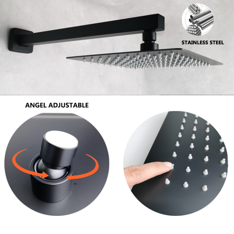 Matt Black Ultra Thin Square 8 Inch 304 Stainless Steel or ABS Top Shower Concealed In Wall Head Shower Set System