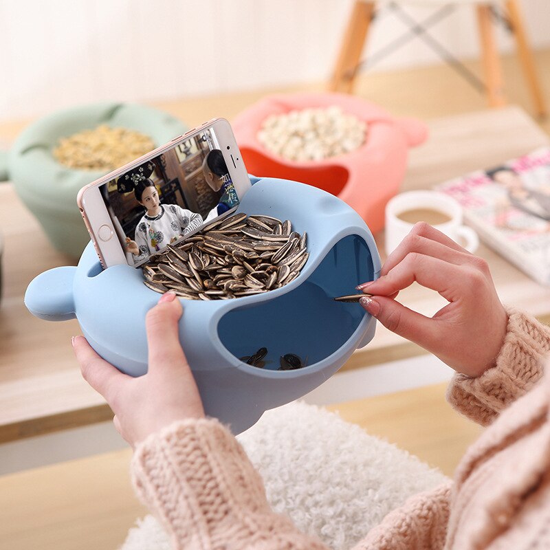 Snack Bowl with Shell Holder, Cute Bear Double Dish Nut Bowl With Cellphone Holder Slot for Pistachio, Peanuts, Sunflower Seed,: Blue