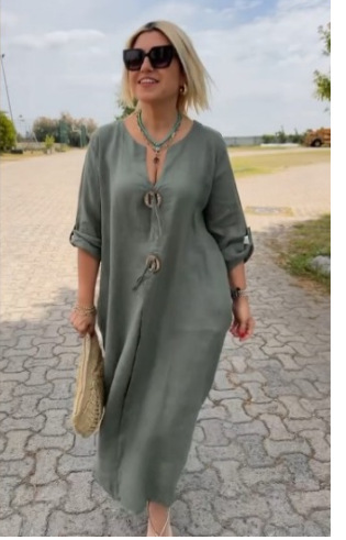 Efterår ensfarvede maxikjoler til kvinder afslappet løs langærmet v-hals knap streetwear ferie basiskjole vesti elegant