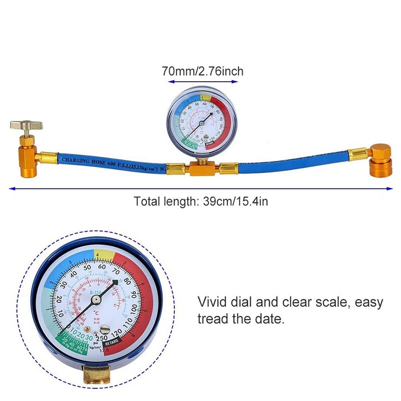 R134A Charging Hose with Pressure Gauge, Refrigerant Can Tap R134A Can to R-12/R-22 Port, R-12 to R-134A Retrofit Valve