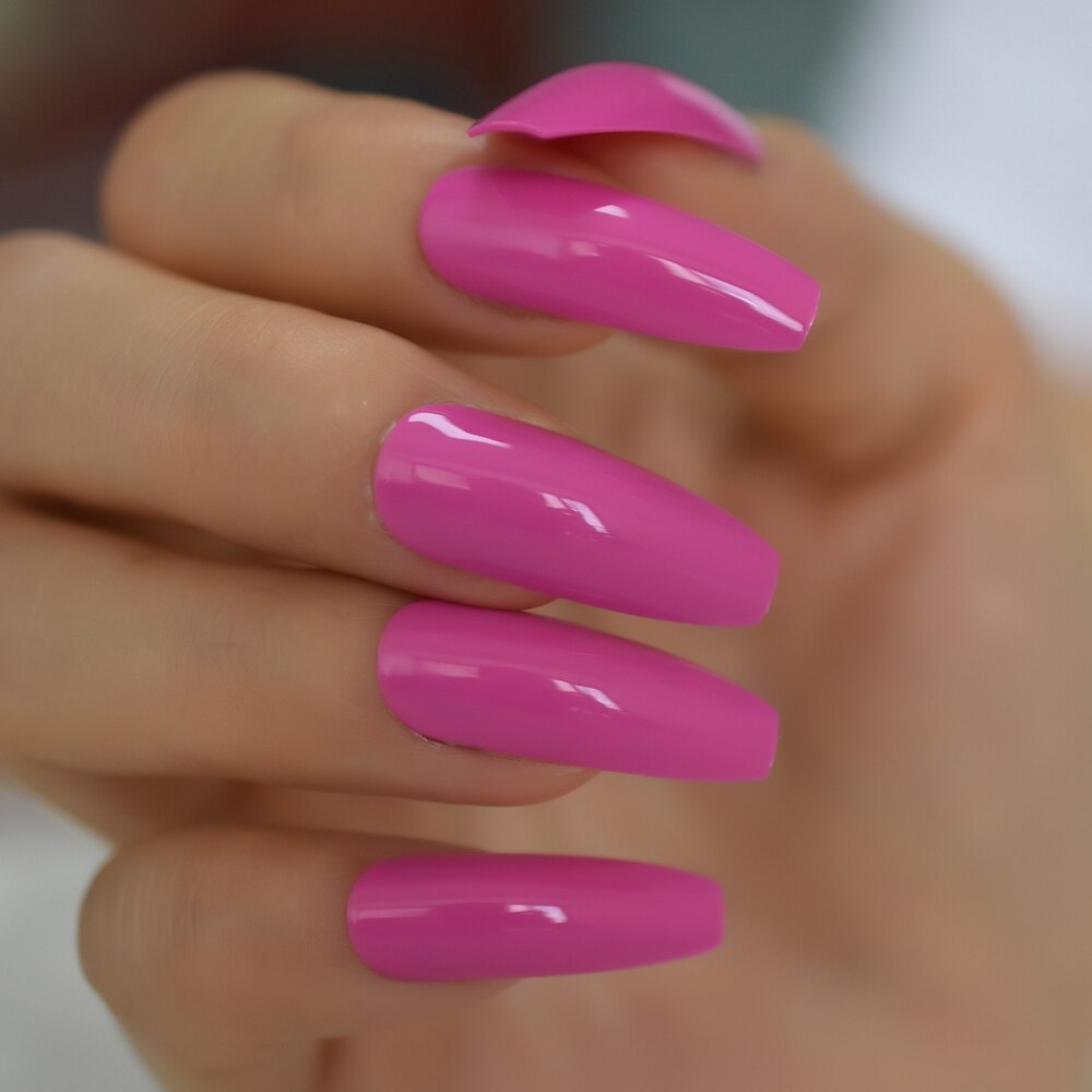 Rosa extra lång kista form lösnaglar uv glans yta neon enfärgad akryl konstgjorda nagelspetsar 24