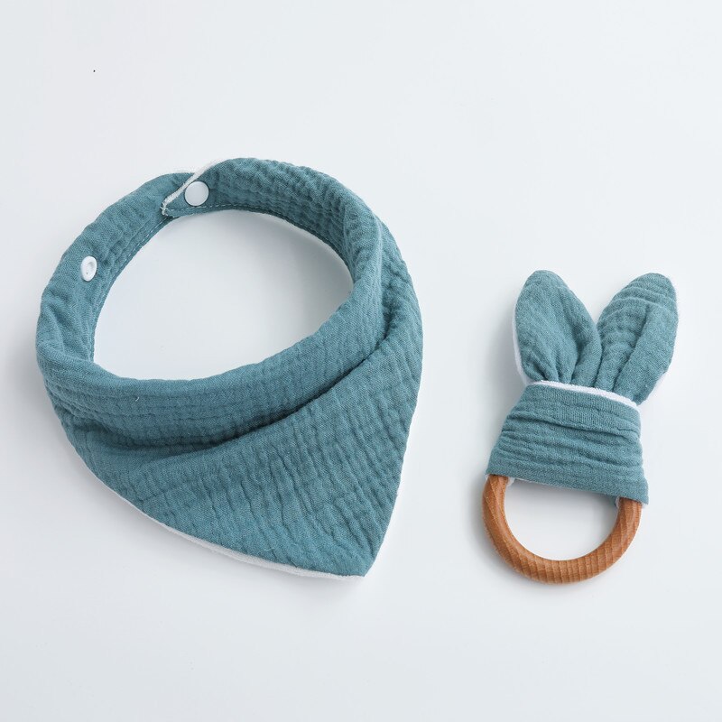 2 Stks/set Baby Jongen Meisje Driehoekige Sjaal Speeksel Tissue Molars Ring Houten Bijtring Set Katoenen Mousseline Slabbetjes Effen Kleur Burp doek: denim blue