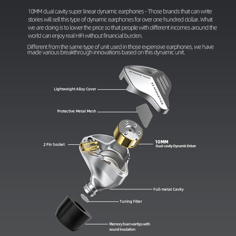 KZ ZVX In-ear Koptelefoon - Hi-Fi Bas - Sport Noise Cancelling - Bedraad Metaal