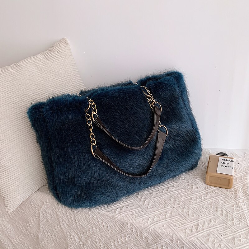 Imitatiebont grote capaciteit luipaard crossbody tas dames winter pluche schoudertas dames warme handtas meisje kerst: Blauw