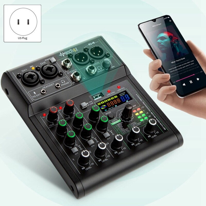 G4 Sound Card Audio Mixer Sound Board Console Desk System Interface 4 Channel USB Bluetooth 88 Mixing Effects