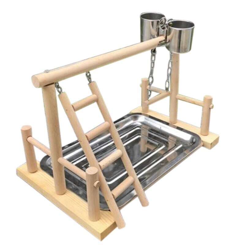 Soporte de madera para loro, y escalera central para actividades columpio, bandeja para pájaros