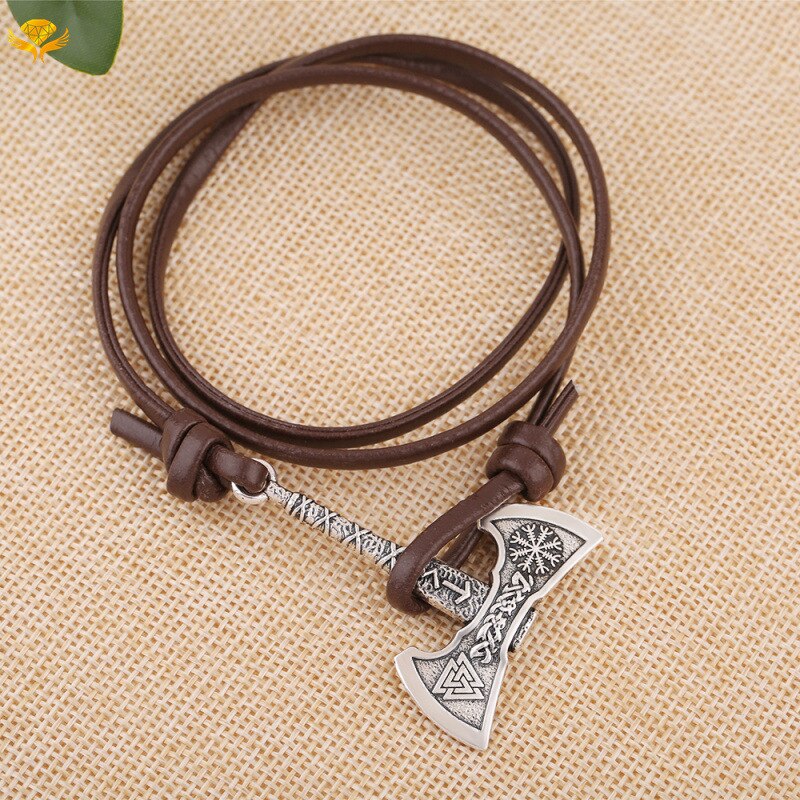 Difone masculino pulseira de couro cretaive ax viking braceletes para hombre ajustável multicamadas charme braslet acessórios presente masculino: YuanBrown-Silver