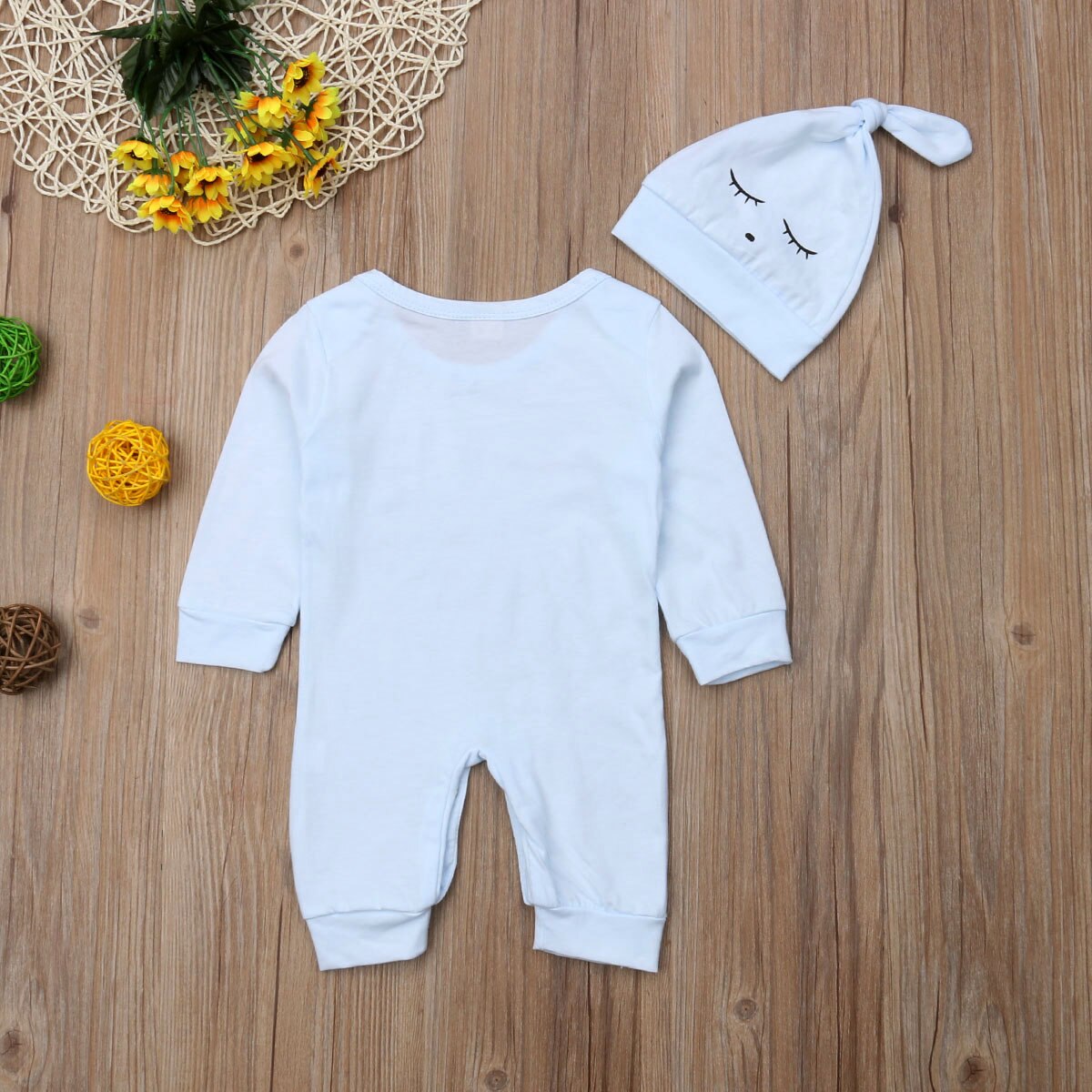 Neue Neugeborenen Baby Mädchen Jungen Herbst Overall Schlafen Augen Drucken Langarm Blau Baumwolle Strampler + Hüte 2Stck einstellen