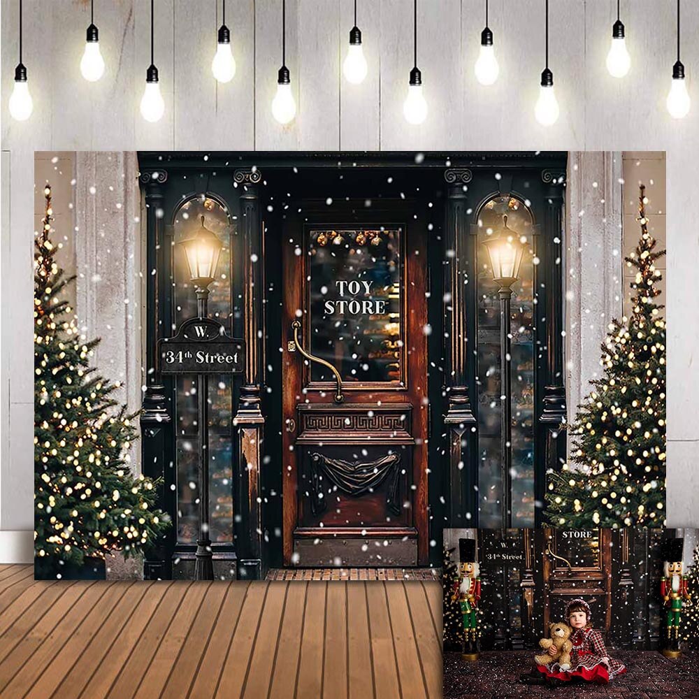 Glædelig jul fotografering baggrund vinter sne juletræ legetøjsbutik gade for børn portræt baggrund fotostudie