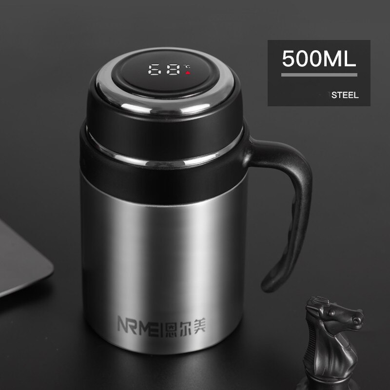 650ML Thermos Coffee Mug With Filter Handle Stainless Steel Insulated Vacuum Tea Cup Home Office LED Temperature Display: Silver 500ML