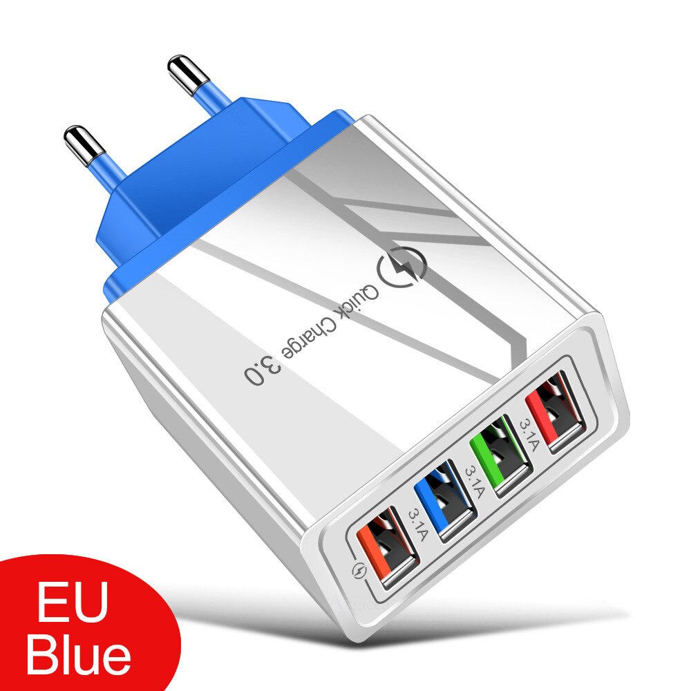 3A 4 USB Color Phone Wall Charger UK Plug AC 100-240V Fast Charging Phone Charger For Xiaomi Samsung iPhone X XR XS 11 11ProMAX: Blue EU Plug