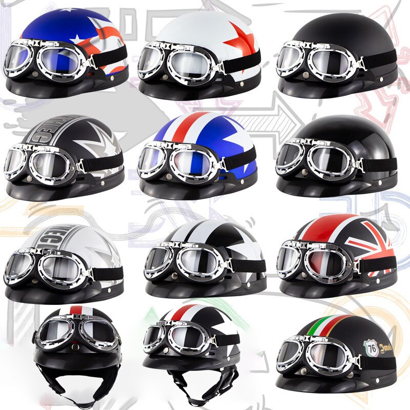 Retro Motorcycle Half Helmet Riding Vintage Cruiser Touring Half Helmets Moto Bicycle Scooter Skating Baseball Cap with Goggles