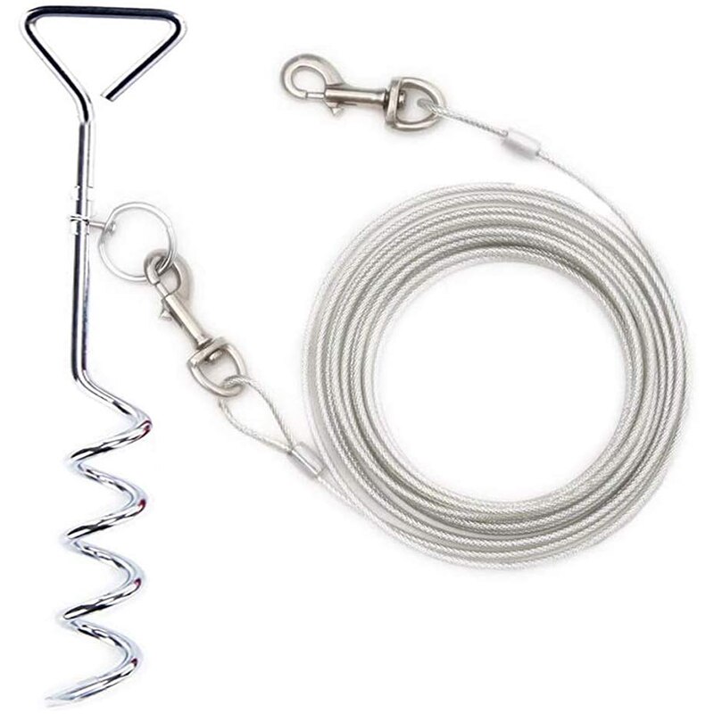 3M 5M 11M Hond Stake Tie Out Kabel En Reflecterende Stake 16 Ft Outdoor Yard En Camping, voor Kleine Medium Grote Honden Tot £ 125: Silver / With 5M Leash