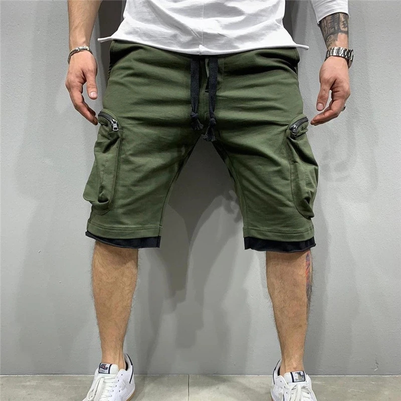 Calça de moletom solta masculina, calçsom curtas para corrida, streetwear esportivo de Fitness, bolso múltiplo, novidade verão,: L / Grønn