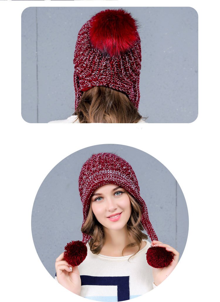 Kvinder vinter peruviansk hue hue ski cap fleece foret øre klapper hatte med pomponer