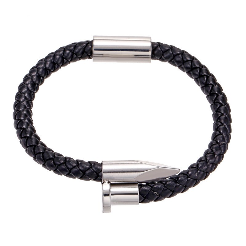 Nagel Vorm Bedels Gevlochten Zwart Lederen Armband Punk Mannen Sieraden Stainlee Stalen Metalen Sieraden