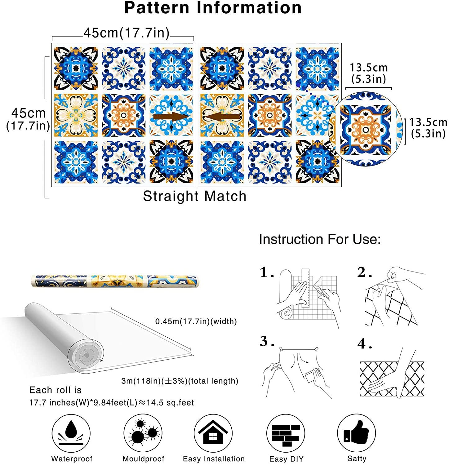 LUCKYYJ Morocco Tiles Peel and Stick Wallpaper Vinyl Self-adhesive Contact Paper Removable Blue Multi Backsplash Bathroom