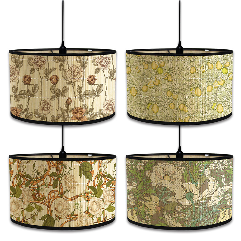 Abat-jour à motif de plante verte de Style nordique, abat-jour d'art en bambou, lustre de café, décor de salle d'accueil rétro, couvercle de lampe suspendue