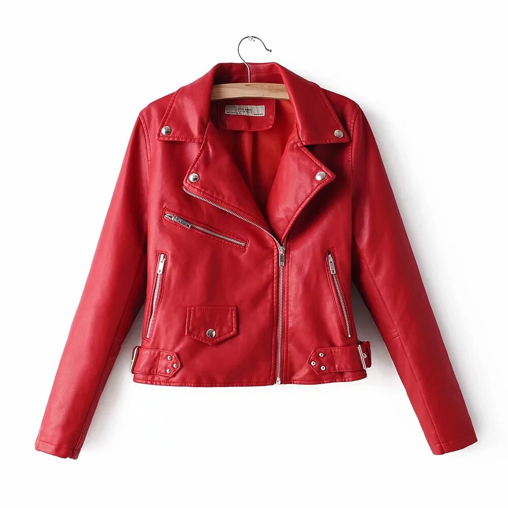 Chaqueta de cuero roja y amarilla para mujer, cazadora motera de PU con cremallera de manga larga, ropa de calle, abrigo de piel sintética negra para motocicleta,