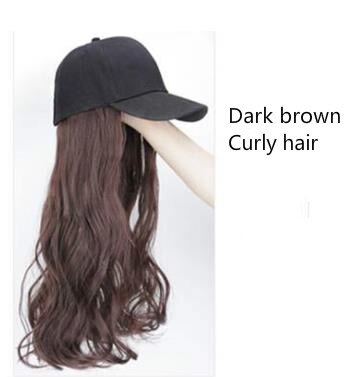 Lang syntetisk baseball cap paryk naturlig sort / brun lige parykker, der naturligt forbinder syntetisk hat paryk, der kan justeres til piger: F