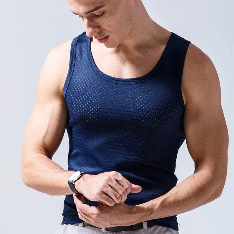 Tops para hombre, chaleco de seda helada, ropa exterior, camisetas sin mangas transpirables con agujeros de malla de secado rápido, chaleco fresco de verano, tanques de viaje para playa