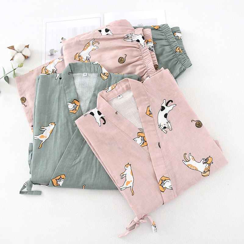 Japanse Stijl Kimono Katoen Nachtkleding Hoge Nachtkleding Dagelijks Nachtjapon Lingerie Sexy Leuke Pyjama Set Femme Pyjama