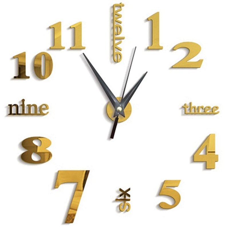 Reloj de pared grande 3D pegatina de espejo Etiqueta de reloj grande decoración del hogar único DIY: Gold