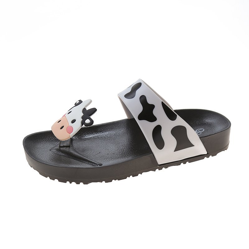 Chanclas de dibujos animados de vaca para mujer, zapatillas de Interior para el baño, sandalias de playa para la playa, zapatos de verano, zapatillas de Tanga, zapatos para exteriores: Negro / 38