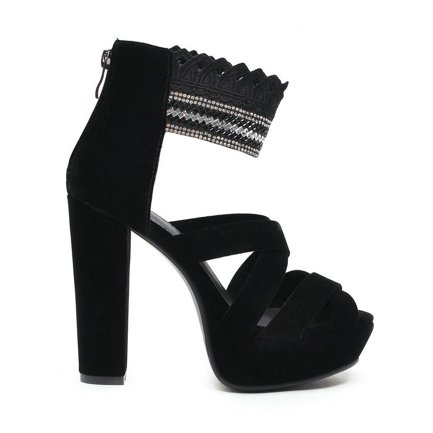 Qutaa dam sandaler fyrkantiga superhöga klack peep toe scrub+pu elastiskt band party gladiator pumps western style storlek 34-39