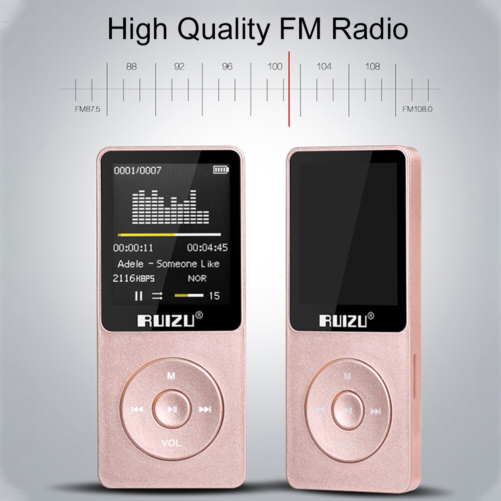RUIZU-reproductor MP3 X02 de 8GB, 1,8 pulgadas, HiFi, sin pérdidas, de sonido, tarjeta TF, Radio FM, grabación, E-book, calendario, temporizador