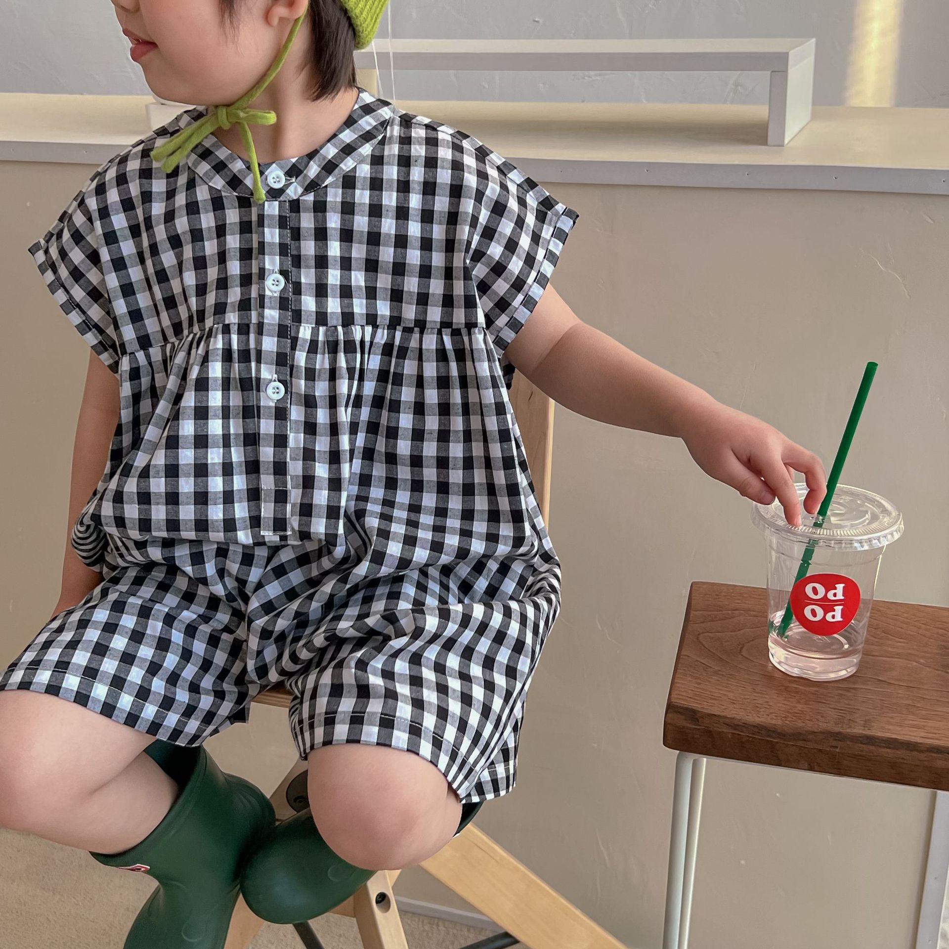 1688C 2022 Zomer Kids Losse Plaid Speelpakjes Meisjes En Jongens Overalls Bodysuits Kleding Voor Kinderen: black and white / 130 for 7y