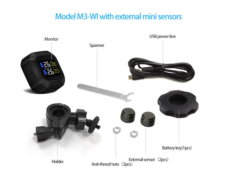 M3 Waterproof Motorcycle Real Time Tire Pressure Monitoring System TPMS Wireless LCD Display External Sensors