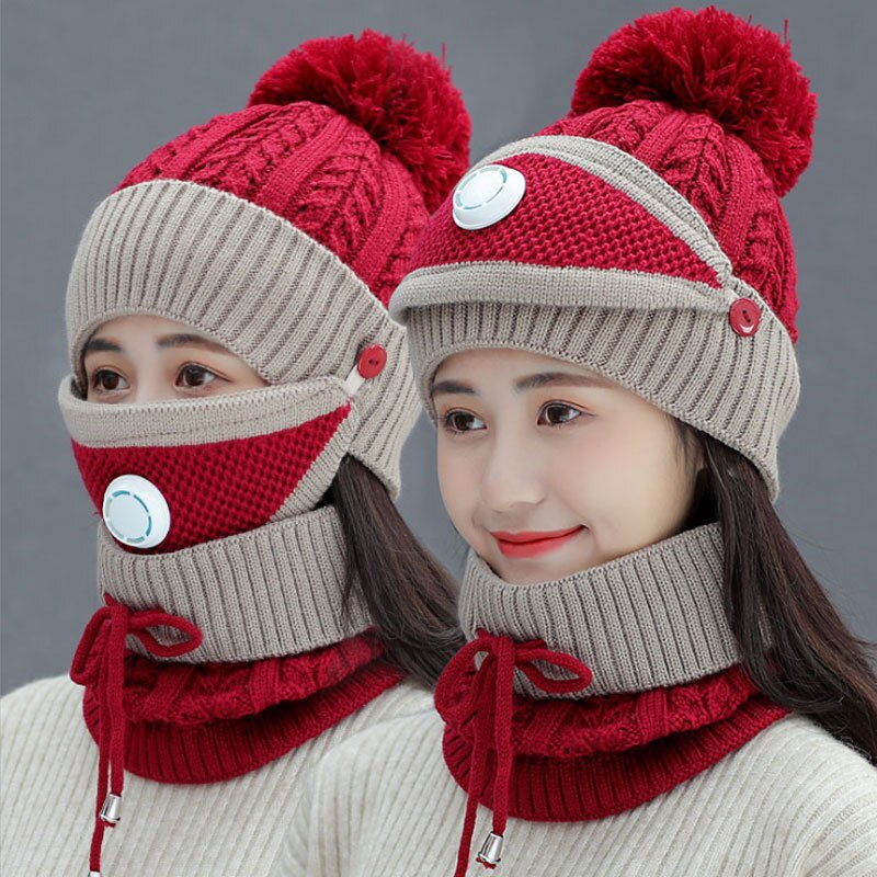 Outdoor Cycling knitted Hats Autumn Winter Knitted Hat Kit With Breathing Mask Thickened Warm Cap 3 in 1 Woman Hat Set: Breathing valve red