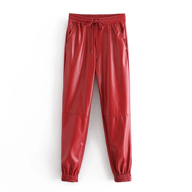 Aachoae dames lange pu leren broek met trekkoord, sportieve stijl, lange joggingbroek voor dames, baggy casual kokerbroek, damesbroek: Rood / Xs