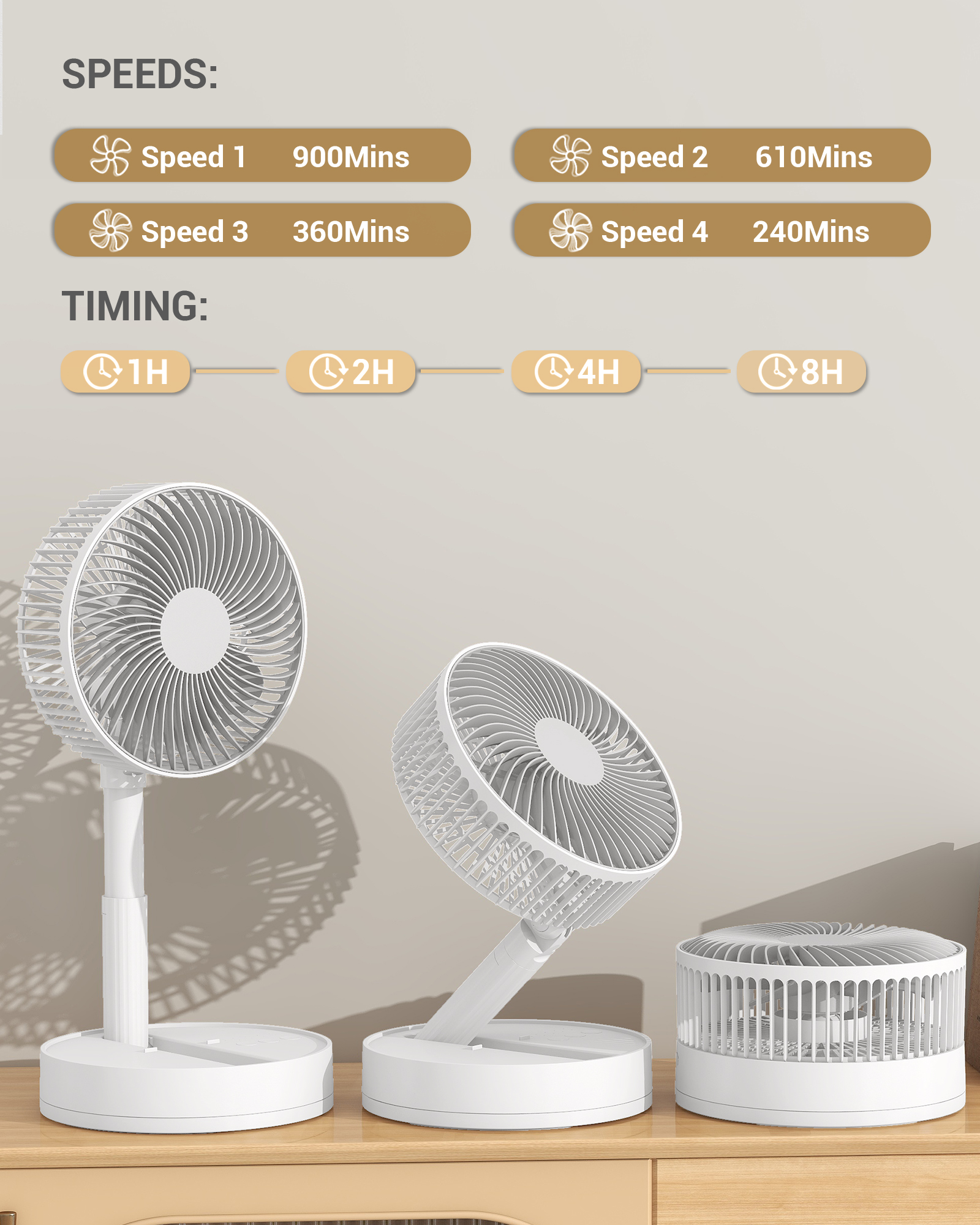 KASYDoFF Tragbarer oszillierender Schreibtischventilator, 8 Zoll und 5400 mAh USB-batteriebetriebener Ventilator mit 4 Geschwindigkeiten und starkem Luftstrom, faltbar, persönlich