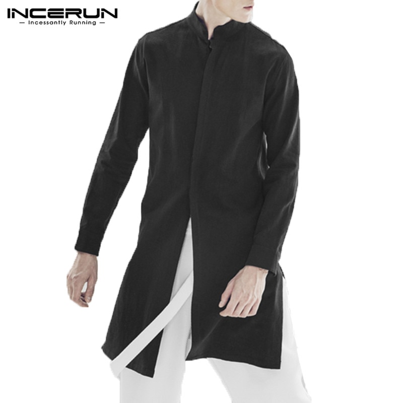 INCERUN Men Shirt Long Sleeve Stand Collar Cotton Vintage Top Men Solid Indian Style Casual Streetwear Men Long Shirt Hombre 5XL