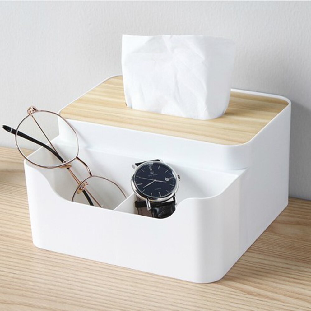 Pratical Home Desktop Tissue Box Multi-Function Living Room Bamboo Wood Lid Paper Holder Box Remote Control Storage Box