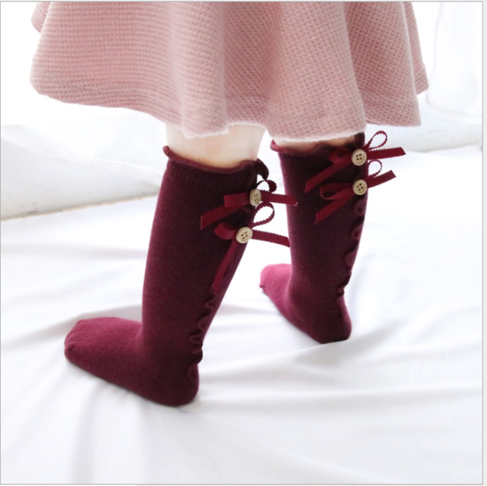 Kids Peuters Meisjes Sokken Grote Boog Knie Hoge Lange Zachte Katoen Kant Baby Solid Herfst Warm Ruches Boog: Wine Red / 0-1 Year