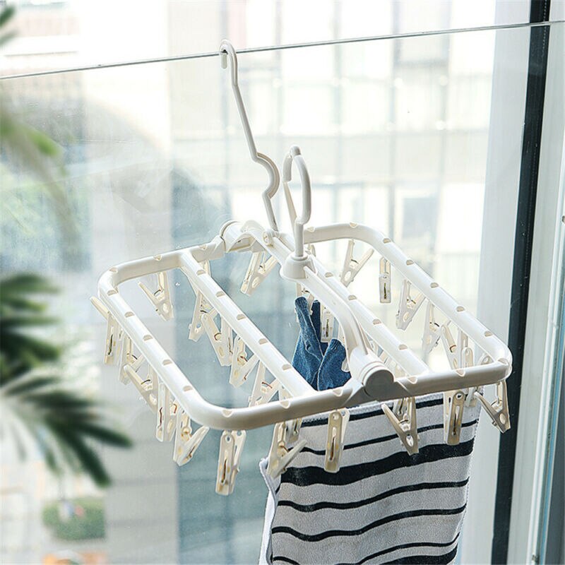 Folding Clothes Hanger Round Drying Rack Laundry Hanger Hook Sock Clothes Hook 32 Clips CollapsibleClothes Peg Hook Airer Dryer