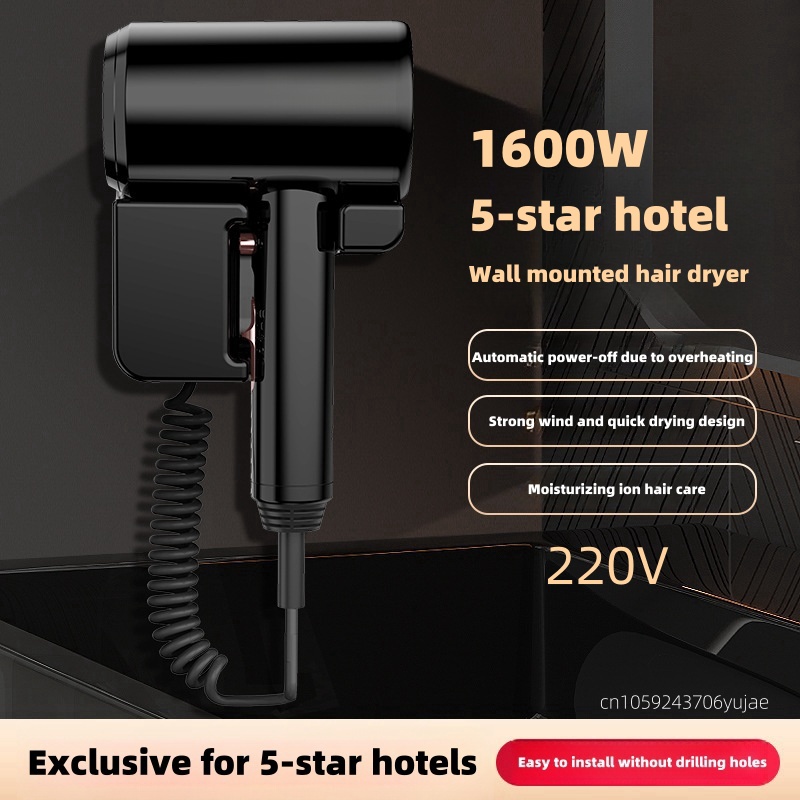 aan de muur gemonteerde niet-geperforeerde haardroger voor hotels/gastgezinnen, huishoudelijke badkamers, badkamers en krachtige haardrogers: Black / Au