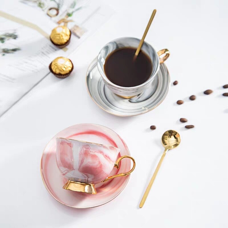 Marmor Keramik Kaffee Tasse Untertasse Löffel Einfache Frühstück Luxus Gold Rand Kaffee Tasse Reise Tazas De Cafe Tassen Und Untertassen Sein50CU