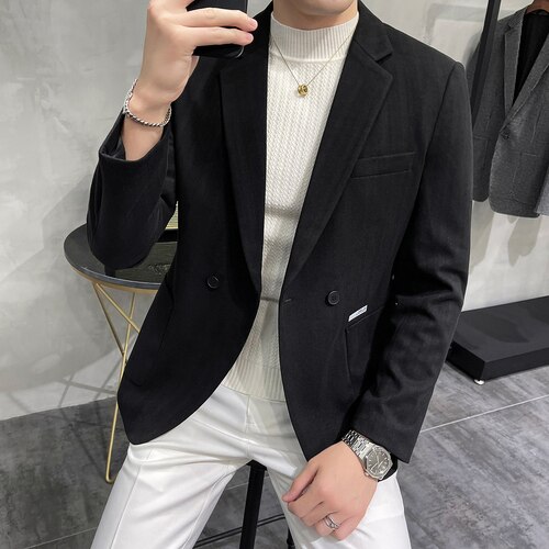 Chaqueta a rayas de doble botonadura para hombre, Blazer grueso de estilo británico, de corte entallado ropa sencilla, traje informal, abrigos de negocios, S-3XL Formal: Negro / Asia XL 64-69KG