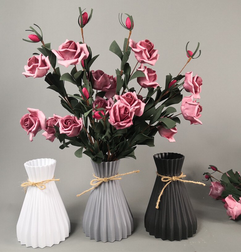 White Imitation Rattan Plastic Vase with Waist Flowers Vases for Homes Living Room Decoration Vase