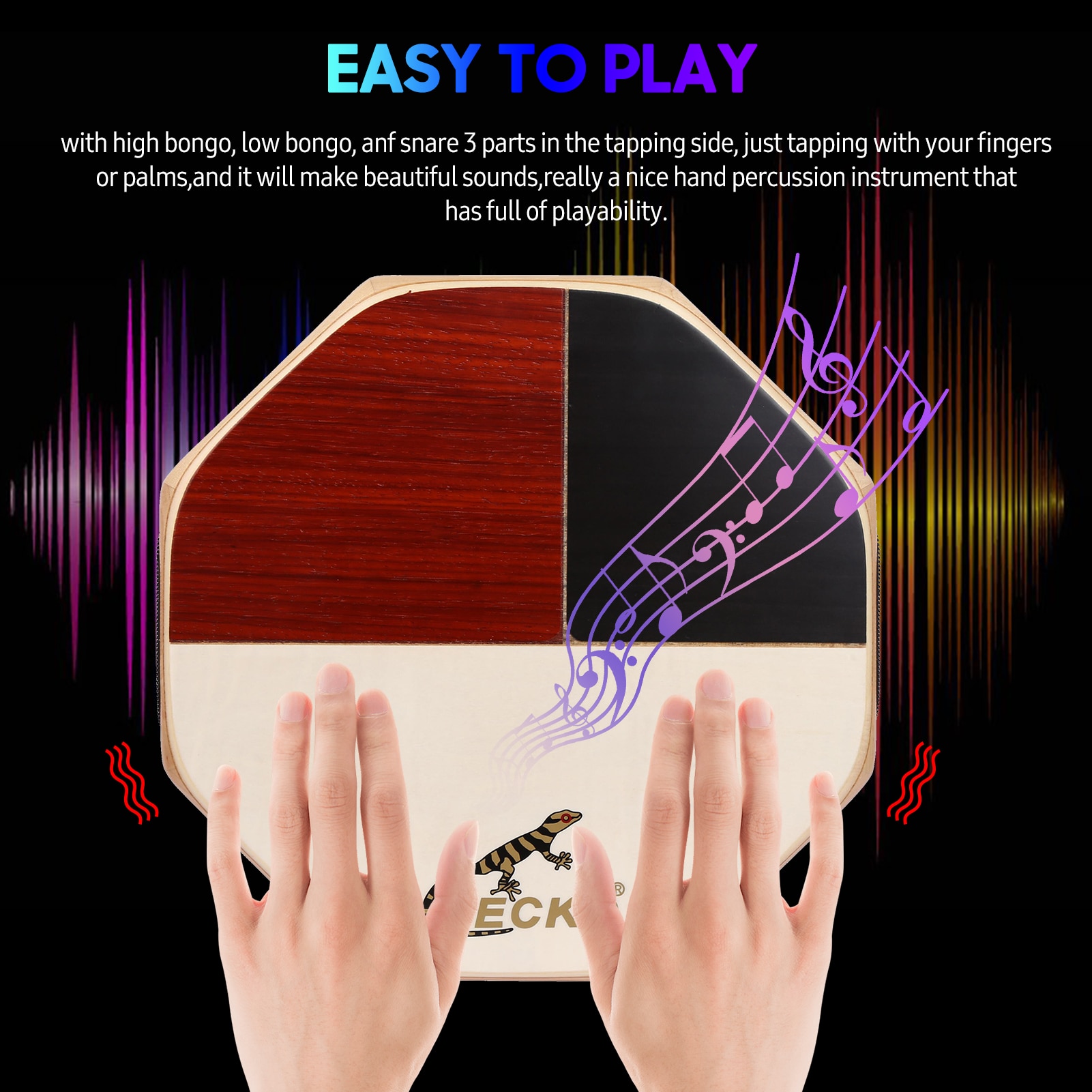 GECKO SD6 Cajon Hand Drum Black Wood Cajon Drum High Bongo Percussion Instrument with Carrying Bag Portable for Travel Camping